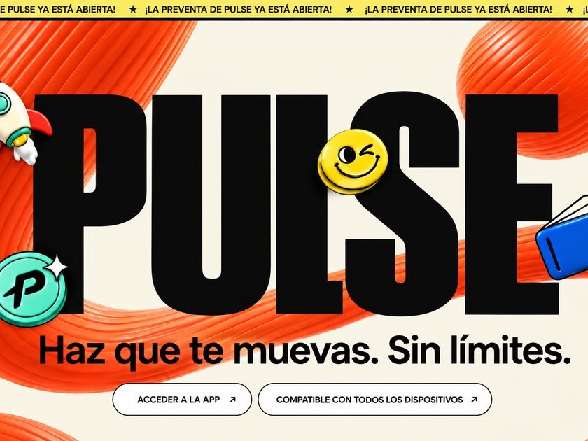 Web de app con tipografía gigante y objetos 3D